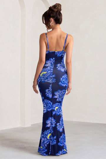 Farah Blue Floral Print Plunge Neck Maxi Dress With Split Detail